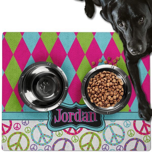 Custom Harlequin & Peace Signs Dog Food Mat - Large w/ Name or Text