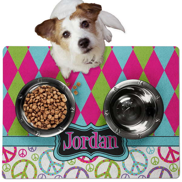 Custom Harlequin & Peace Signs Dog Food Mat - Medium w/ Name or Text