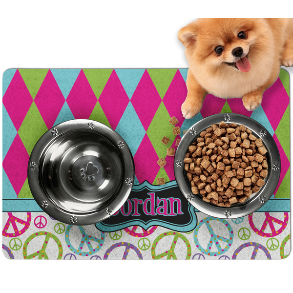 Custom Harlequin & Peace Signs Dog Food Mat - Small w/ Name or Text