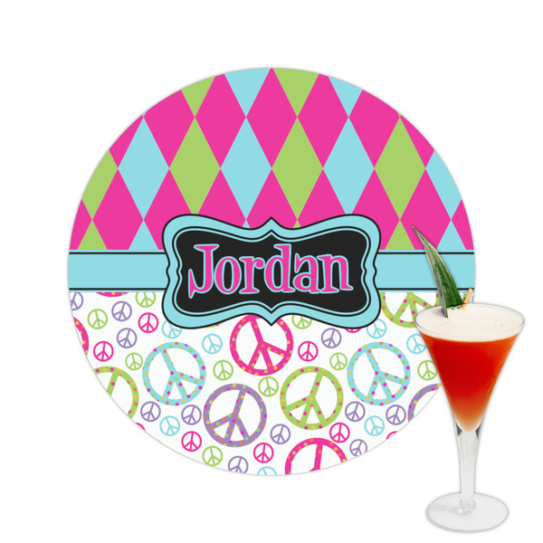 Custom Harlequin & Peace Signs Printed Drink Topper -  2.5" (Personalized)