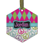 Harlequin & Peace Signs Flat Glass Ornament - Hexagon w/ Name or Text