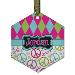 Harlequin & Peace Signs Flat Glass Ornament - Hexagon w/ Name or Text