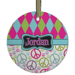 Harlequin & Peace Signs Flat Glass Ornament - Round w/ Name or Text