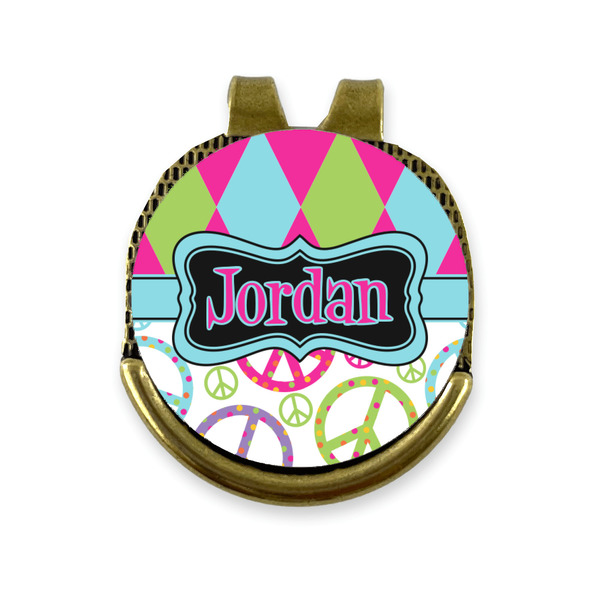 Custom Harlequin & Peace Signs Golf Ball Marker - Hat Clip - Gold