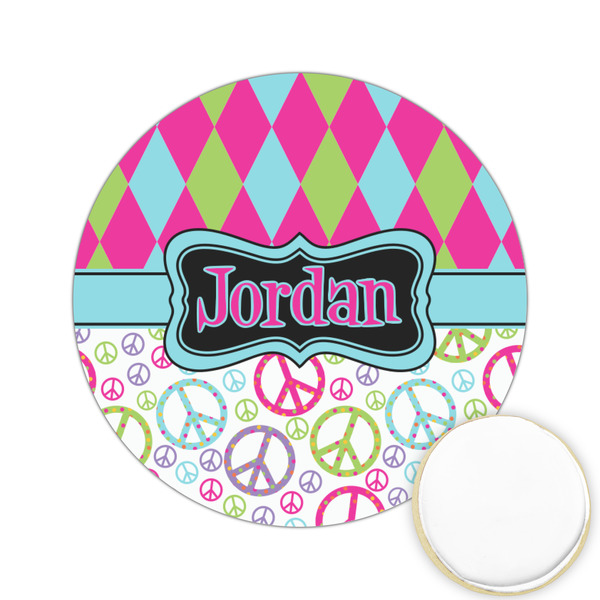 Custom Harlequin & Peace Signs Printed Cookie Topper - 2.15" (Personalized)