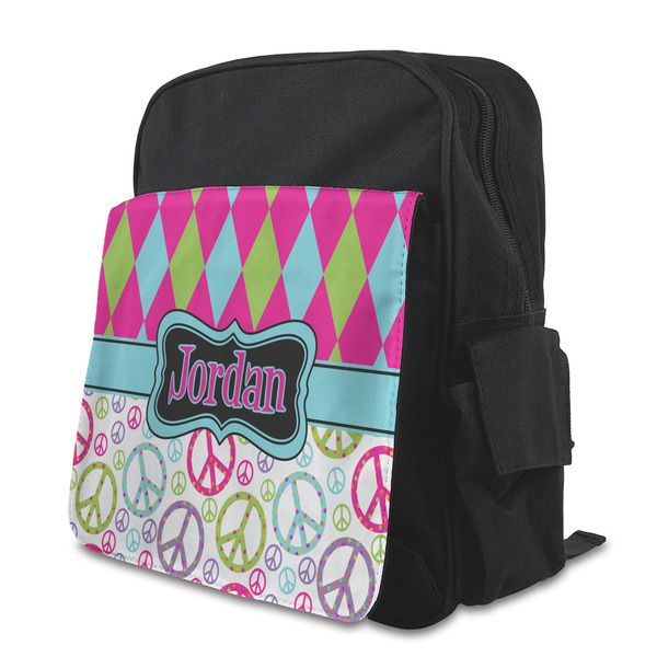 Custom Harlequin & Peace Signs Preschool Backpack (Personalized)