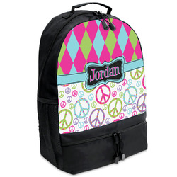 Harlequin & Peace Signs Backpacks - Black (Personalized)