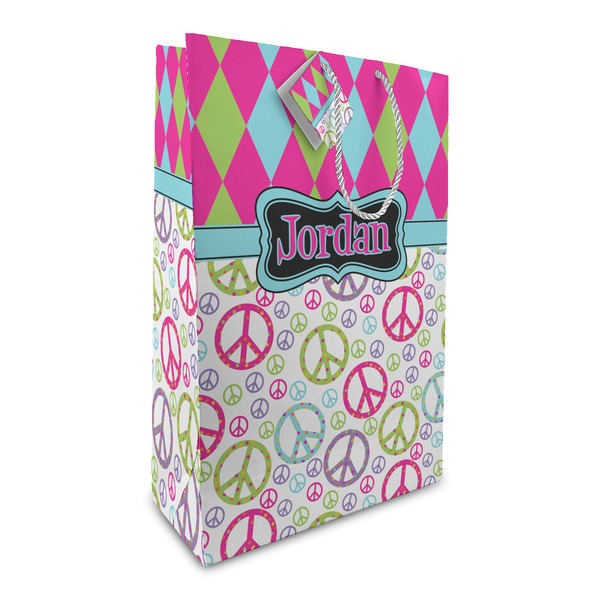 Custom Harlequin & Peace Signs Large Gift Bag (Personalized)