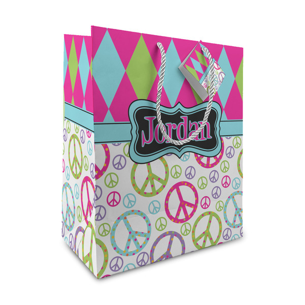 Custom Harlequin & Peace Signs Medium Gift Bag (Personalized)