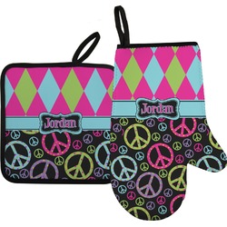Harlequin & Peace Signs Right Oven Mitt & Pot Holder Set w/ Name or Text