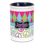 Harlequin & Peace Signs Ceramic Pencil Holders - Blue