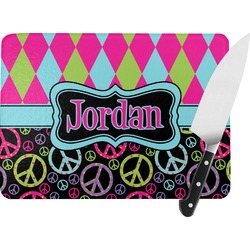 Harlequin & Peace Signs Rectangular Glass Cutting Board - Large - 15.25"x11.25" w/ Name or Text