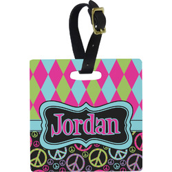 Harlequin & Peace Signs Plastic Luggage Tag - Square w/ Name or Text