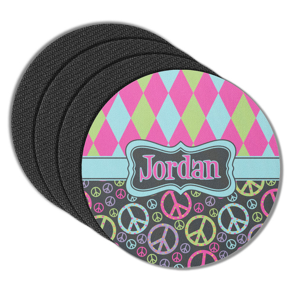 Custom Harlequin & Peace Signs Round Rubber Backed Coasters - Set of 4 (Personalized)