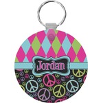 Harlequin & Peace Signs Round Plastic Keychain (Personalized)