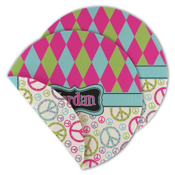 Custom Harlequin & Peace Signs Round Linen Placemat - Double Sided (Personalized)