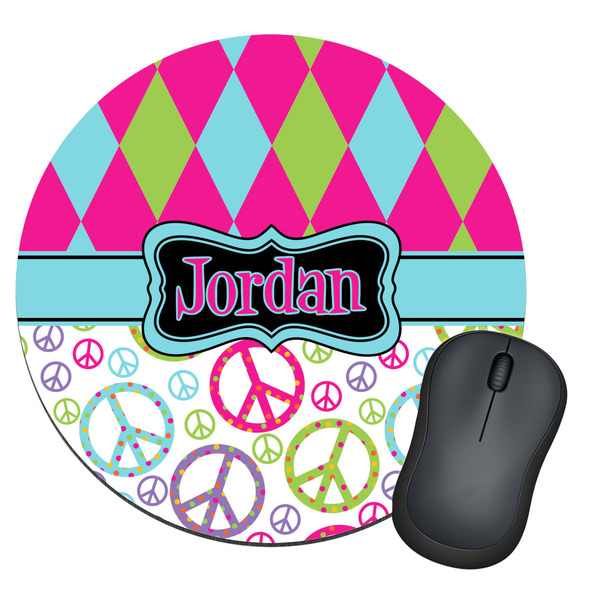 Custom Harlequin & Peace Signs Round Mouse Pad (Personalized)