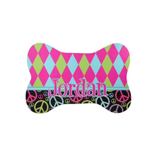 Custom Harlequin & Peace Signs Bone Shaped Dog Food Mat (Small) (Personalized)