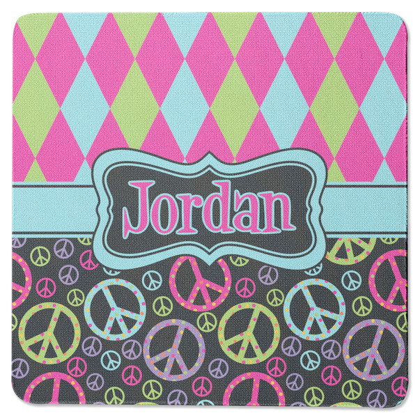 Custom Harlequin & Peace Signs Square Rubber Backed Coaster (Personalized)