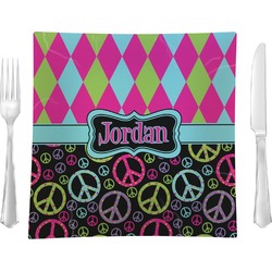 Harlequin & Peace Signs Glass Square Lunch / Dinner Plate 9.5" (Personalized)