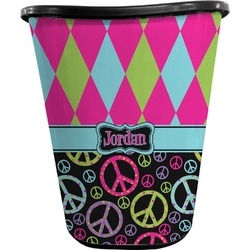 Harlequin & Peace Signs Waste Basket - Single Sided (Black) (Personalized)