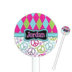 Harlequin & Peace Signs 5.5" Round Plastic Stir Sticks - White - Double Sided (Personalized)