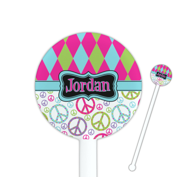 Custom Harlequin & Peace Signs 5.5" Round Plastic Stir Sticks - White - Single Sided (Personalized)