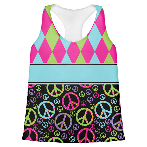 Custom Harlequin & Peace Signs Womens Racerback Tank Top - Large