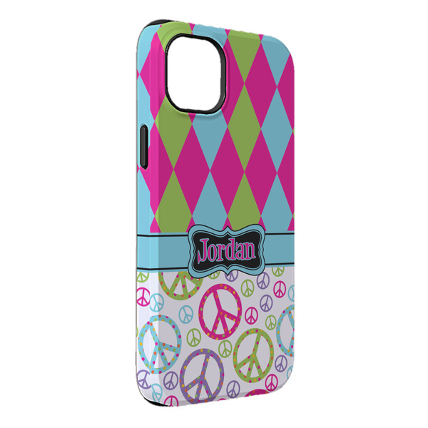 Custom Harlequin & Peace Signs iPhone Case - Rubber Lined - iPhone 14 Plus (Personalized)