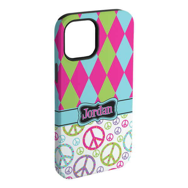 Custom Harlequin & Peace Signs iPhone Case - Rubber Lined - iPhone 15 Plus (Personalized)