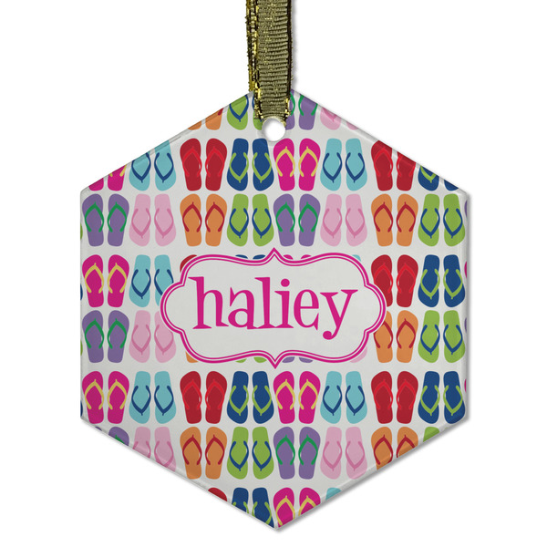 Custom FlipFlop Flat Glass Ornament - Hexagon w/ Name or Text