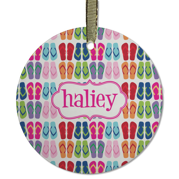 Custom FlipFlop Flat Glass Ornament - Round w/ Name or Text