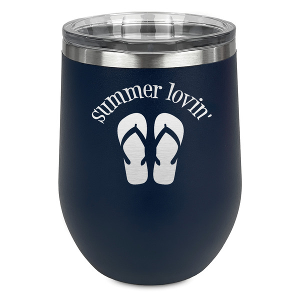 Custom FlipFlop Stemless Stainless Steel Wine Tumbler - Navy - Double Sided (Personalized)