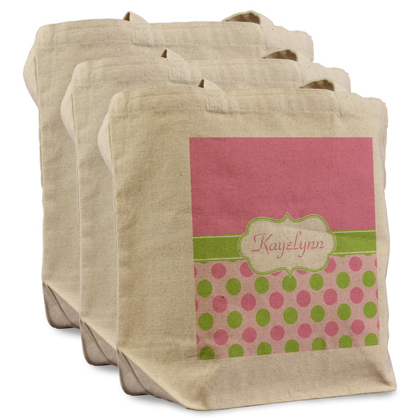 Custom Pink & Green Dots Reusable Cotton Grocery Bags - Set of 3 (Personalized)