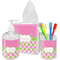 Pink & Green Dots Acrylic Bathroom Accessories Set w/ Name or Text