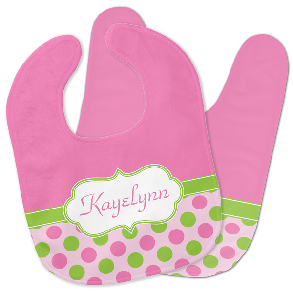 Custom Pink & Green Dots Baby Bib w/ Name or Text