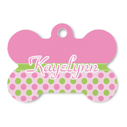 Pink & Green Dots Bone Shaped Dog ID Tag - Large (Personalized)