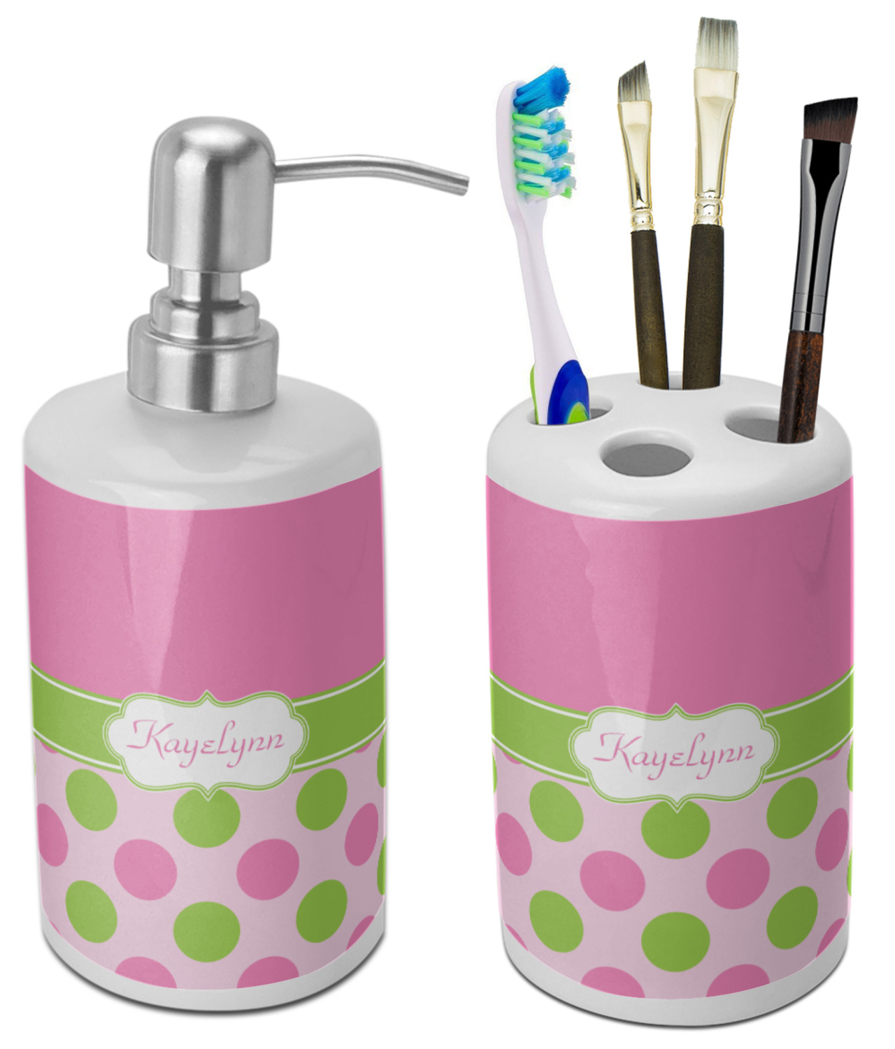 Pink Green Dots Bathroom Accessories Set Ceramic Personalized Youcustomizeit