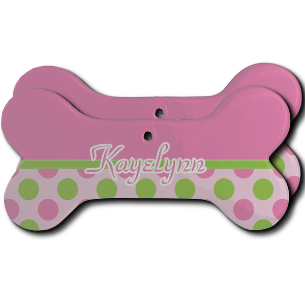 Custom Pink & Green Dots Ceramic Dog Ornament - Front & Back w/ Name or Text