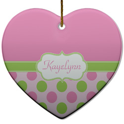 Pink & Green Dots Heart Ceramic Ornament w/ Name or Text