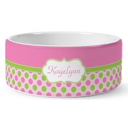 Pink & Green Dots Ceramic Dog Bowl - Large (Personalized)