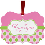 Pink & Green Dots Metal Frame Ornament - Double Sided w/ Name or Text