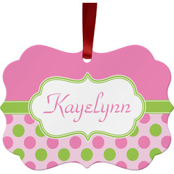 Pink & Green Dots Metal Frame Ornament - Double Sided w/ Name or Text
