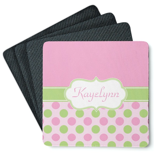 Custom Pink & Green Dots Square Rubber Backed Coasters - Set of 4 (Personalized)