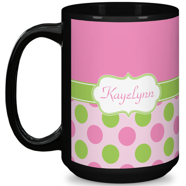 Custom Pink & Green Dots 15 Oz Coffee Mug - Black (Personalized)