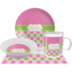 Pink & Green Dots Dinner Set - Single 4 Pc Setting w/ Name or Text