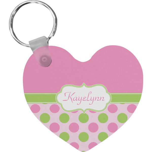 Custom Pink & Green Dots Heart Plastic Keychain w/ Name or Text