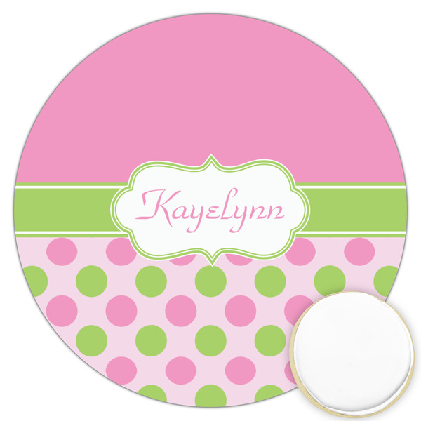 Custom Pink & Green Dots Printed Cookie Topper - 3.25" (Personalized)