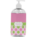 Pink & Green Dots Plastic Soap / Lotion Dispenser (16 oz - Large - White) (Personalized)