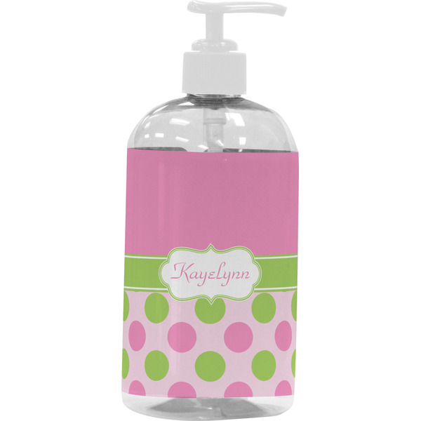 Custom Pink & Green Dots Plastic Soap / Lotion Dispenser (16 oz - Large - White) (Personalized)